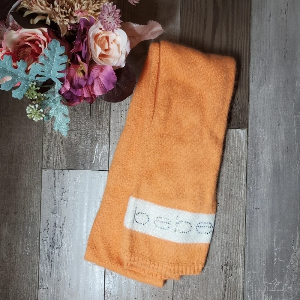Vintage Y2K Bebe Women's Scarf Orange White Rhinestones Bling EUC